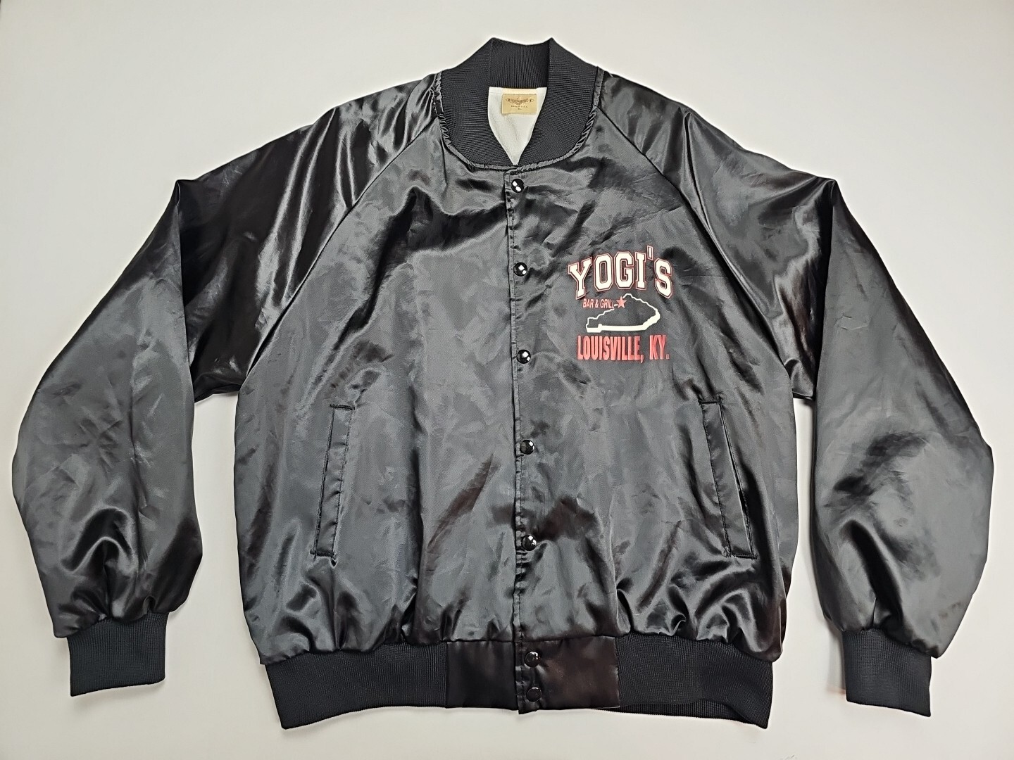 Vintage 80/90s Yogi’s Bar And Grill Jacket Satin Black XL Made In USA Louisville