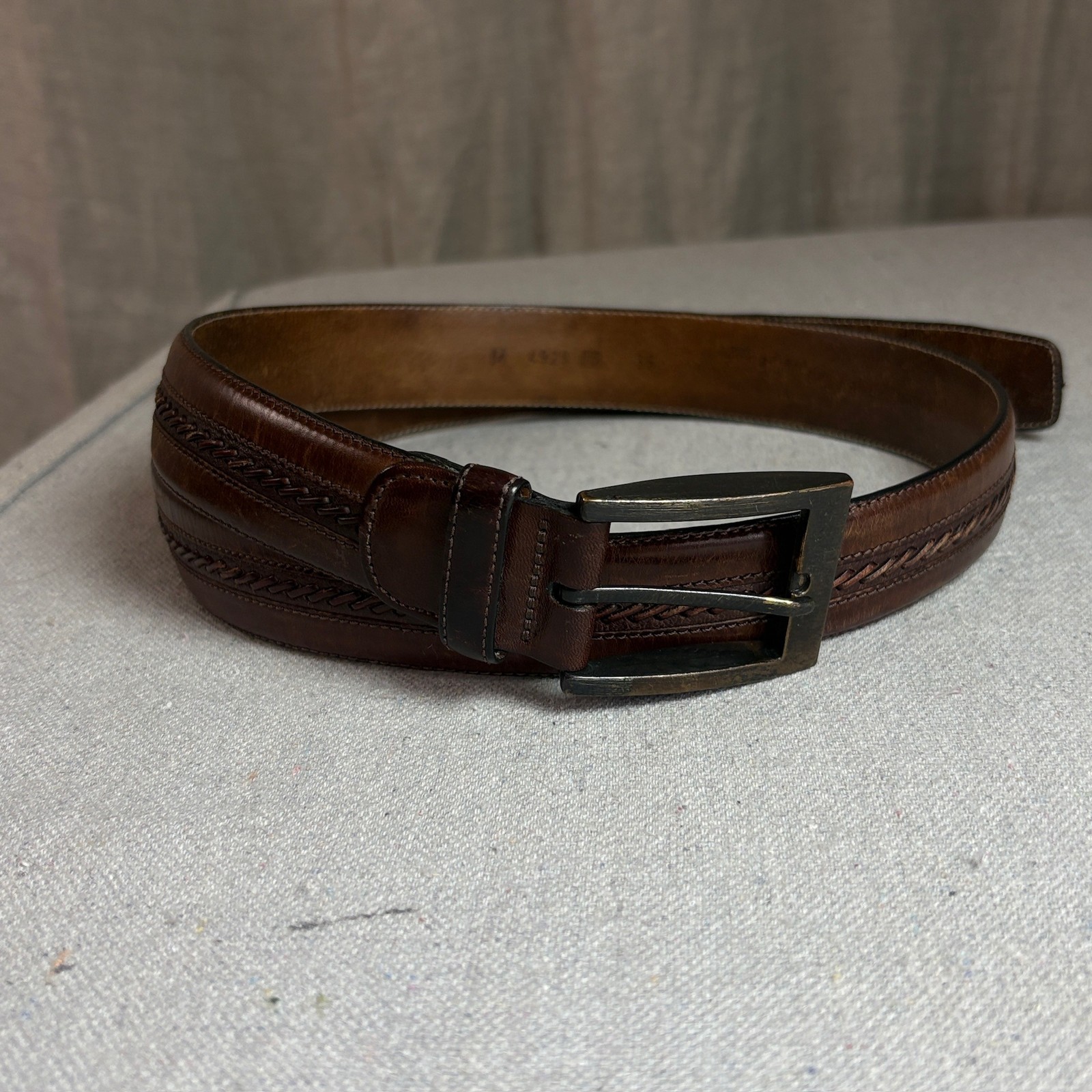 VTG Mezlan Men’s Belt 4929 Brown Leather Woven Inlay Made in Spain Mens Size 38M