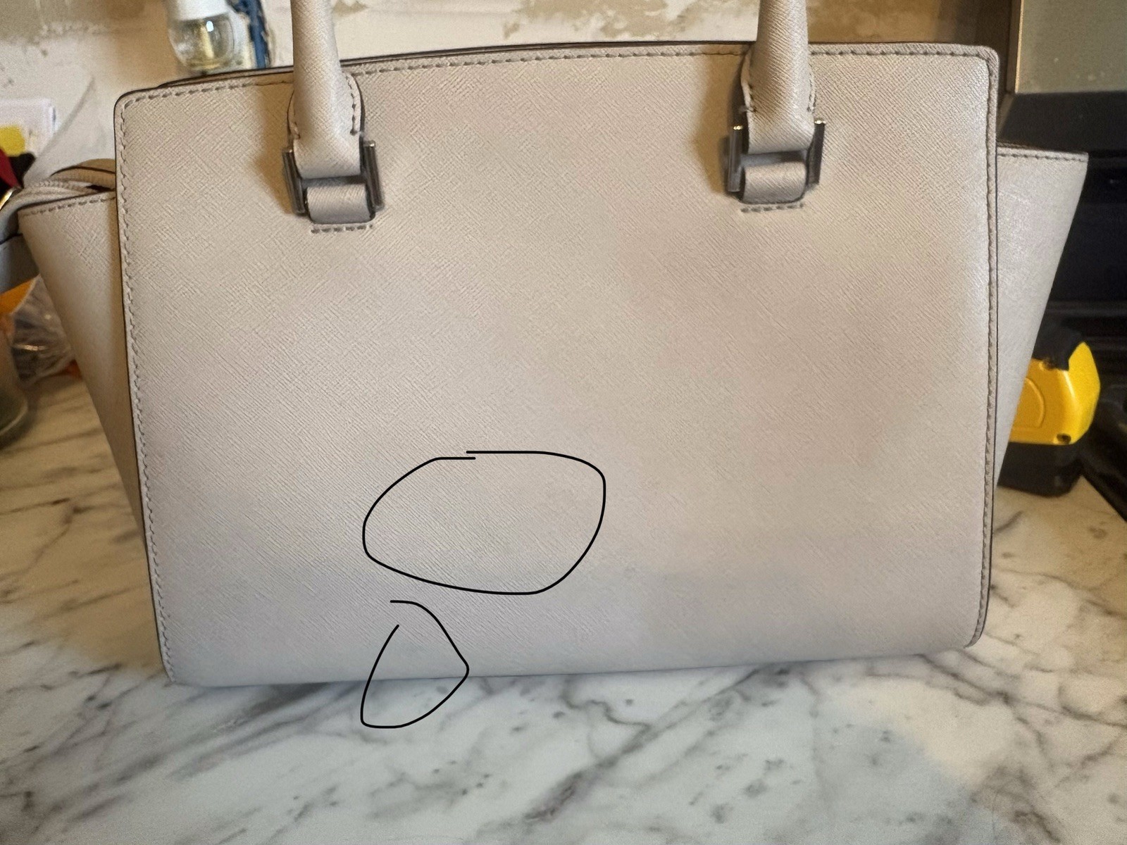 Michael Kors Beige Studded Logo Medium Satchel Top Handle Zip, Silver HW