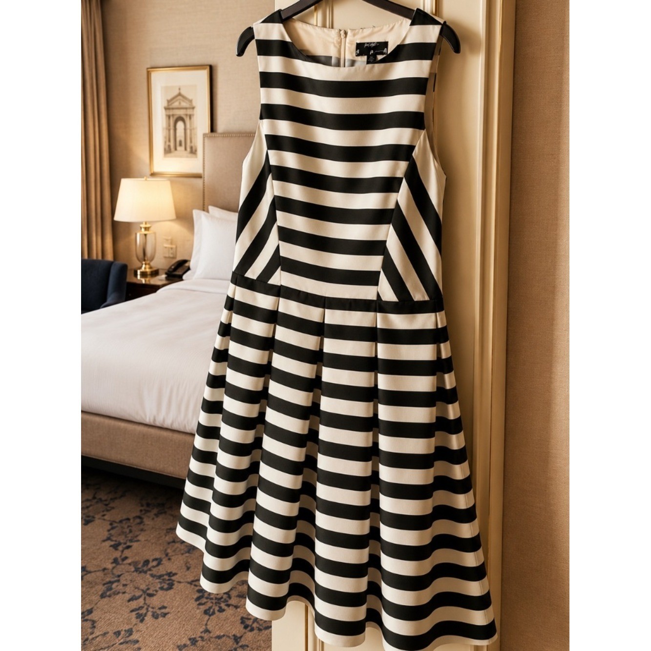 Lord & Taylor Black Ivory Striped Fit Flare Dress Women 14 Full Skirt Midi