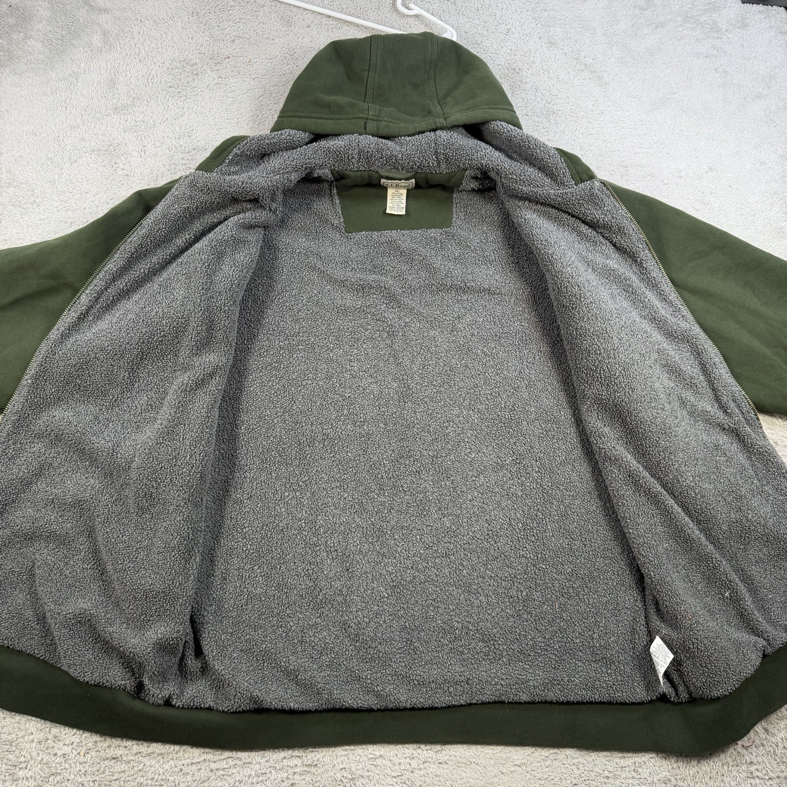 LL Bean Hoodie Mens LT Green Full Zip Sherpa Lined Jacket Drawstring Casual