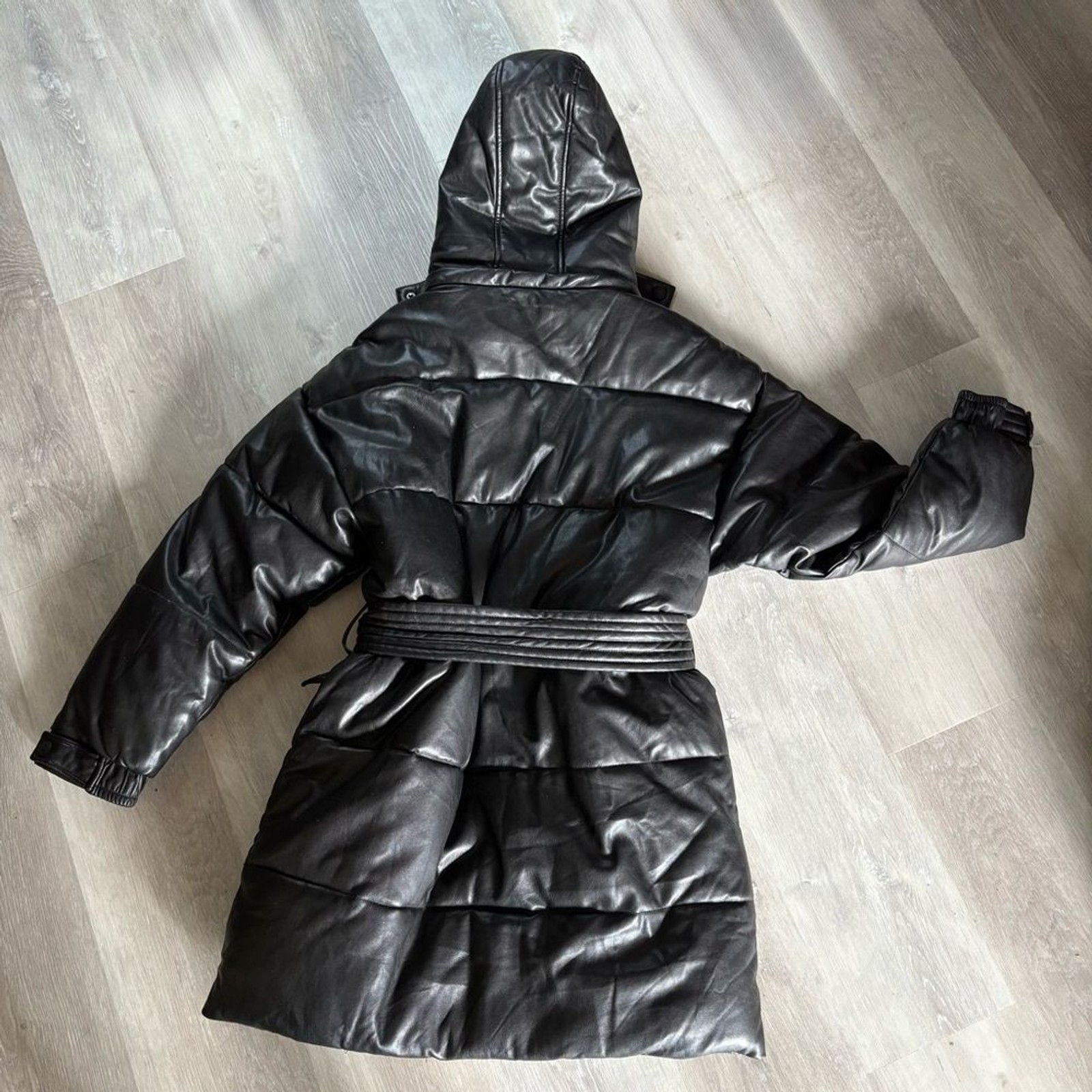 Warm Puffy Belted Black Coat Removable Hood Snap and Zipper Closures Size S