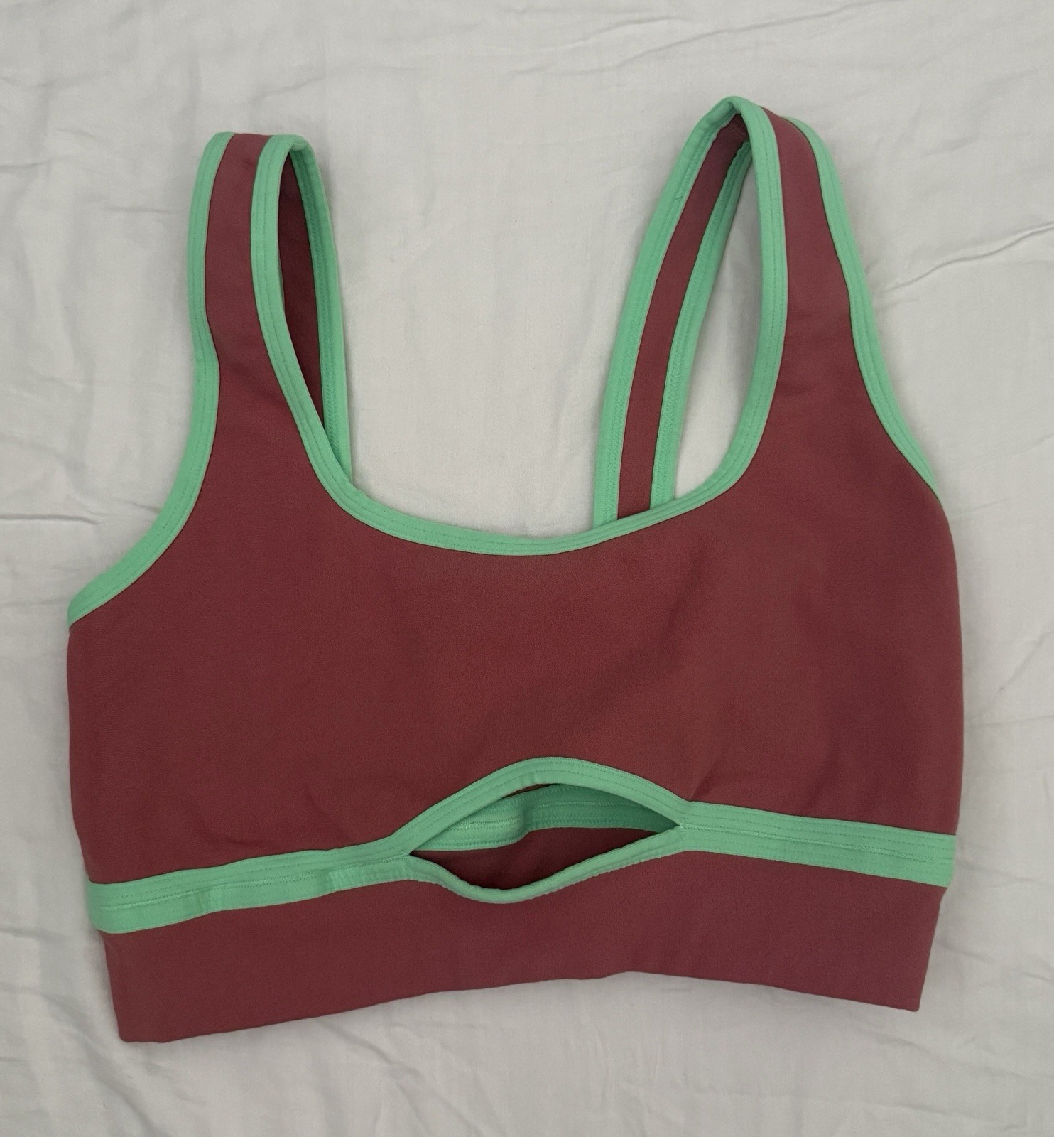Fabletics Women’s Large Sports Bra Peekaboo Front Padless Pink Green POOS