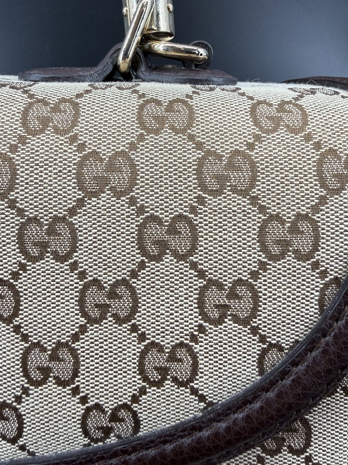 Gucci Beige/Ebony GG Canvas and Leather Large New Bamboo Top Handle Bag