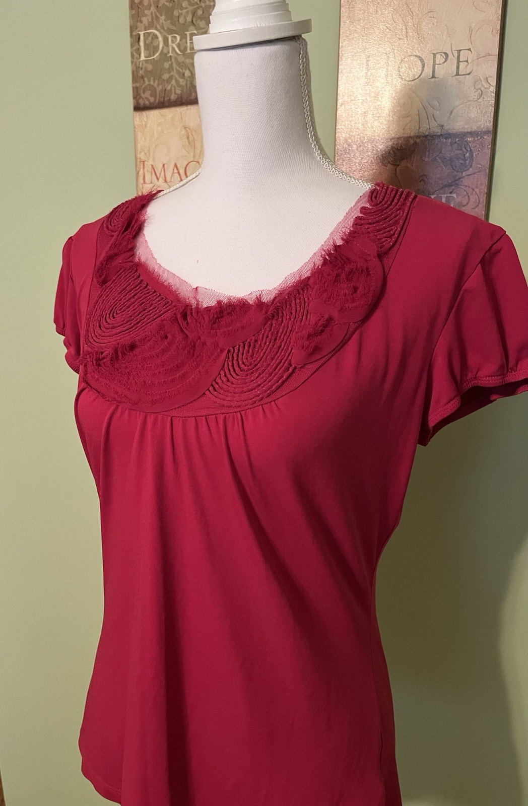 Worthington Cranberry Colored Short Sleeve Top With Embellished Neckline- Size M
