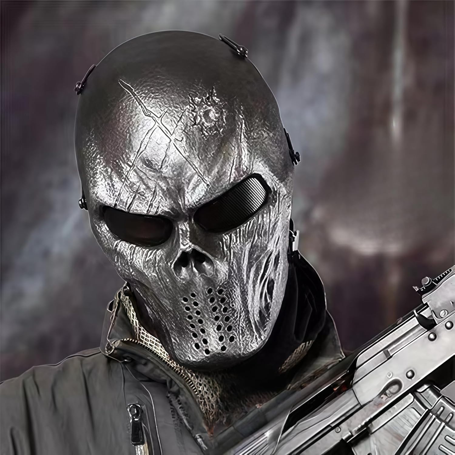 Creepy Black Skull Mask with Metal Eye Protection for Halloween & Airsoft
