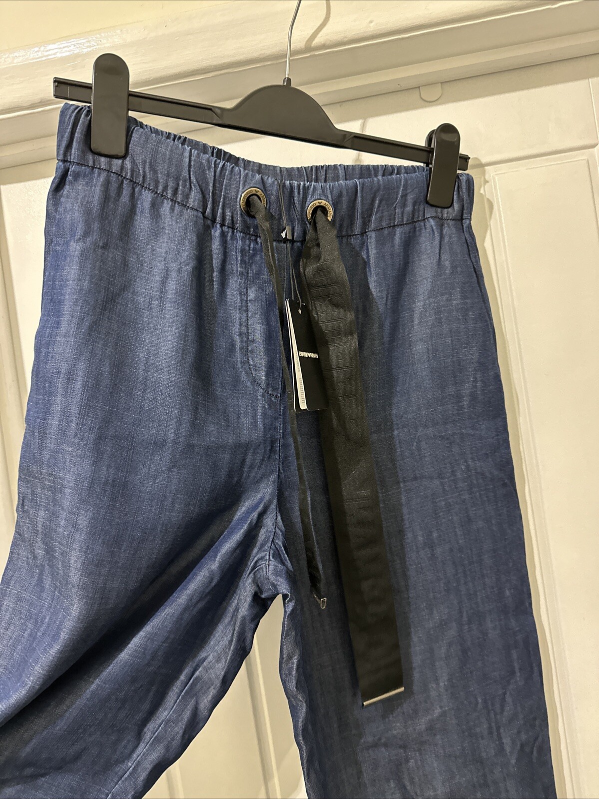 Emporio Armani Tailored Chambray Denim Straight Leg Pleated Trousers Uk 8 IT 40
