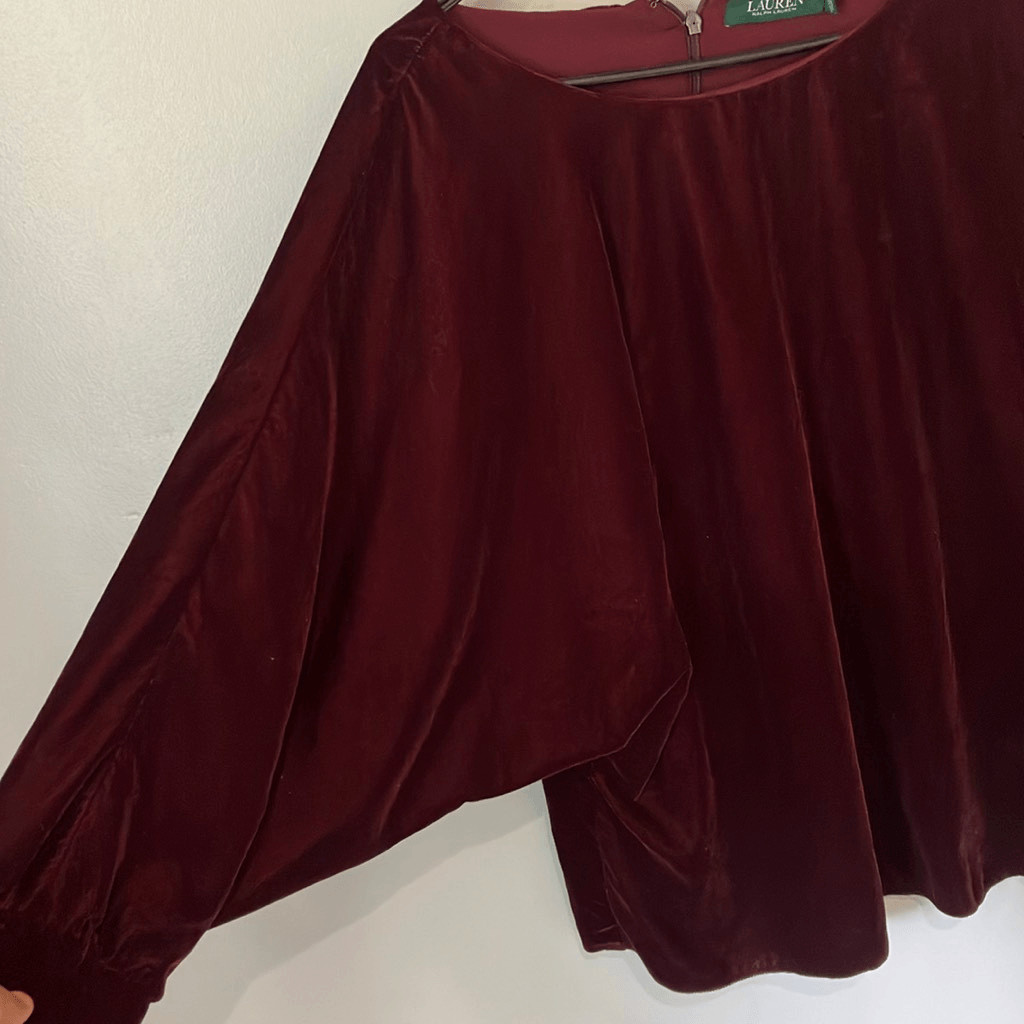 Lauren Ralph Lauren Burgundy Dolman Sleeve Velour Long Sleeve Top LRG #784