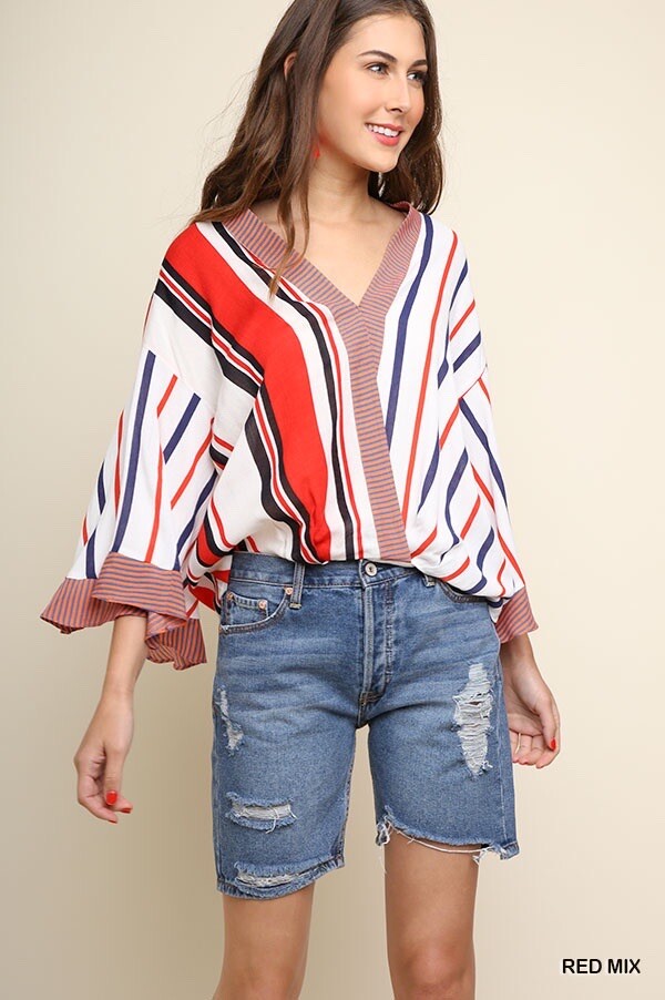 Umgee Multicolor Striped Surplice Top Small