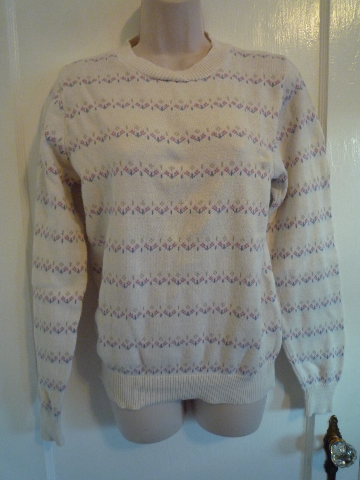 Eddie Bauer Womens Ivory Pink Blue Flowers Cotton Knit Pull-Over Sweater L Large