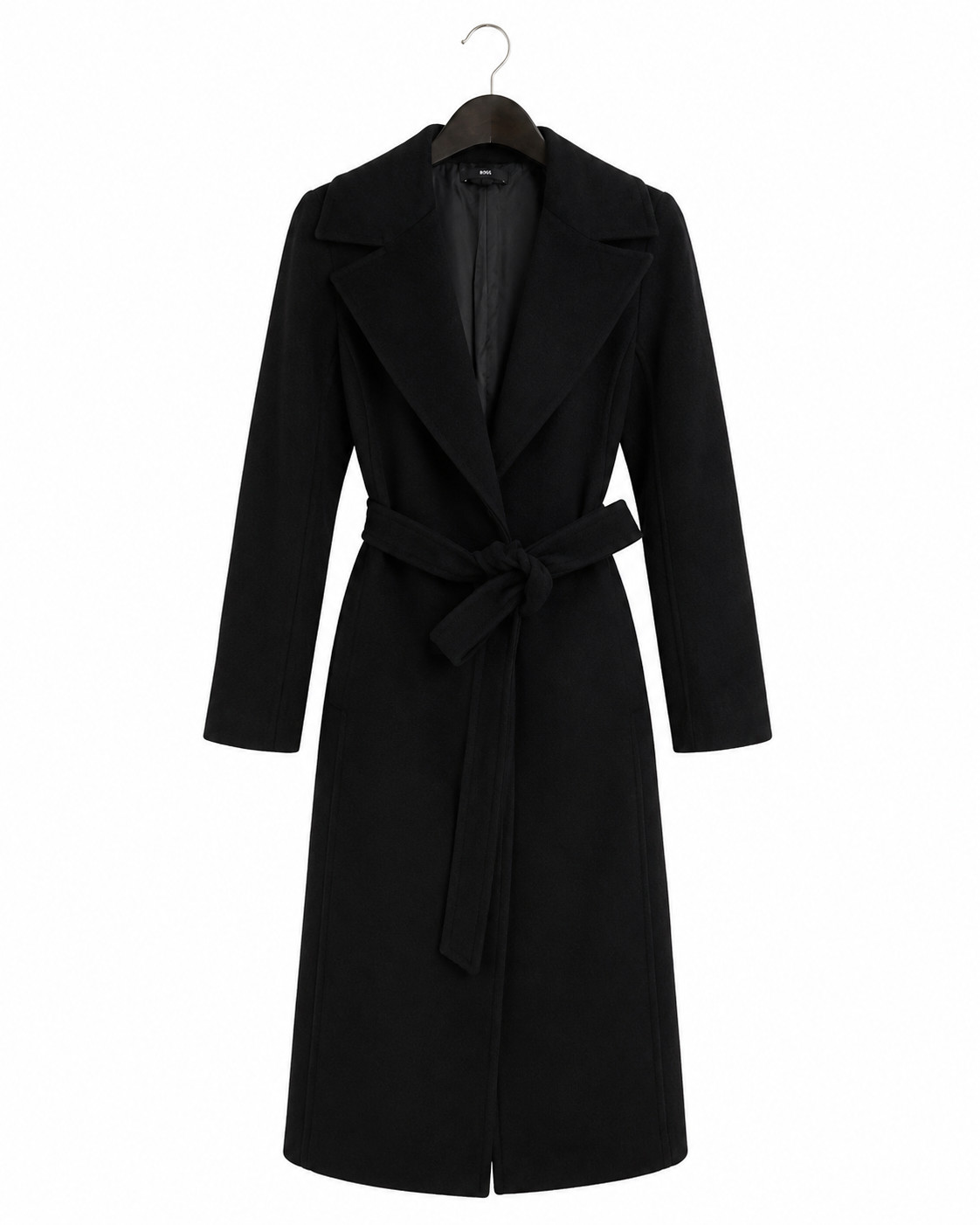 Hugo Boss Womens Black Wool Belted Wrap Coat Long Notch Lapel Size M or Size 8