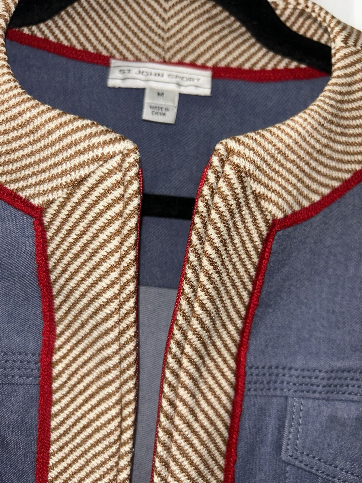 St. John Sport Blue Herringbone Zip Jacket Button Cuffs Chest Pockets M