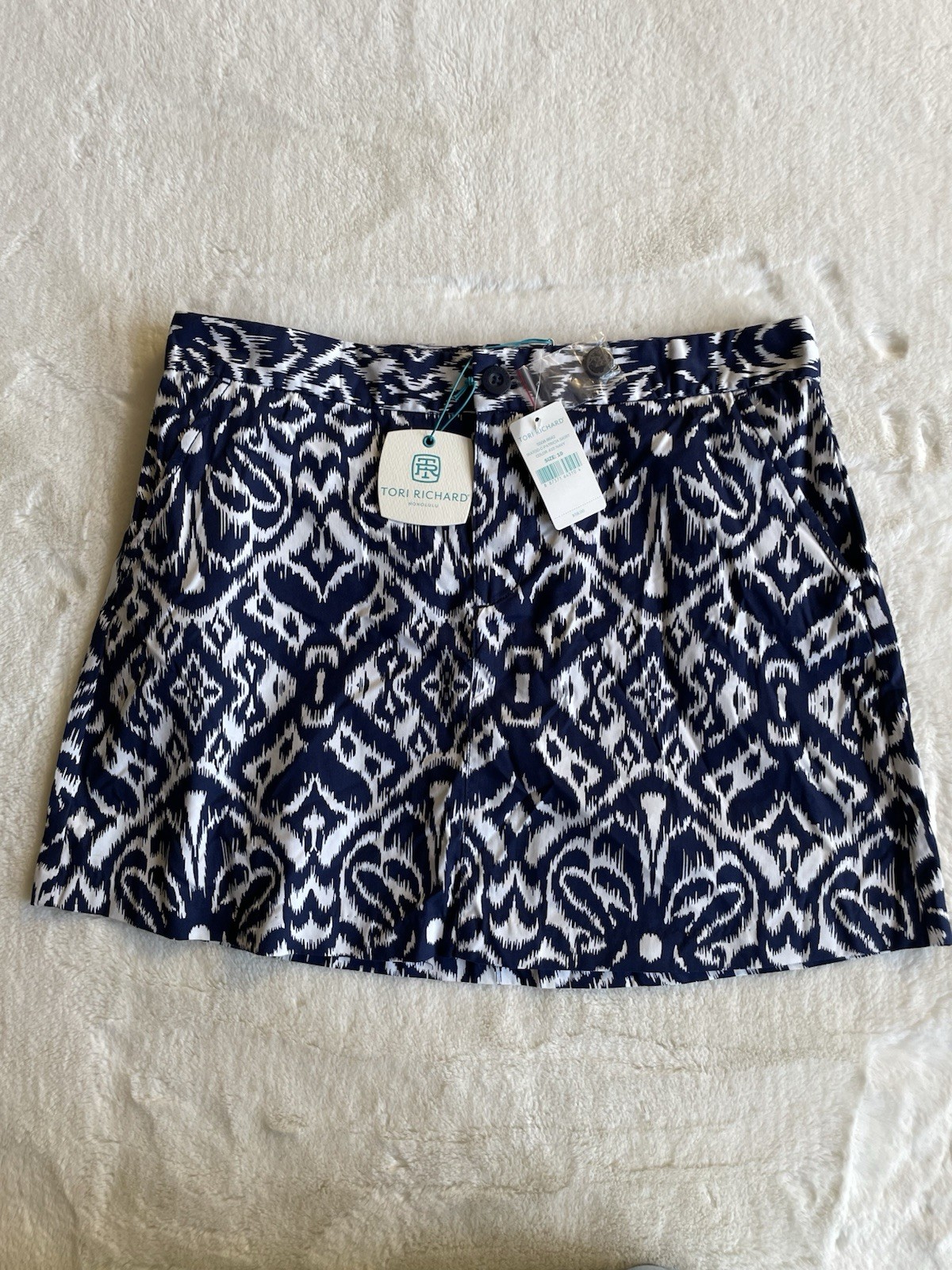 Tori Richard Ikat Navy/White A-Line Skirt w/ Pockets Lined Zip Size 10 Short