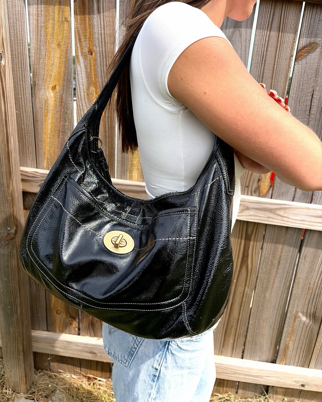 Coach Ergo Patent Leather Hobo Shoulder Bag Black Turnlock 11009 Vintage 2007