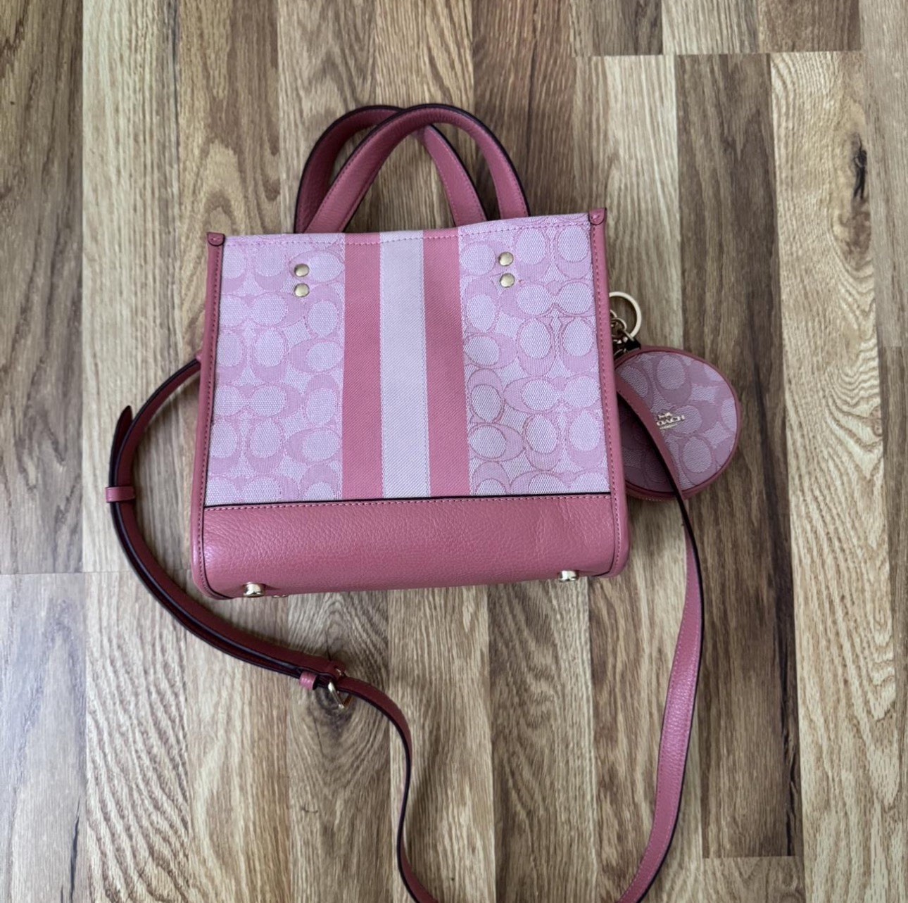 authentic pink coach dempsey 22 tote bag with pink round coin purse
