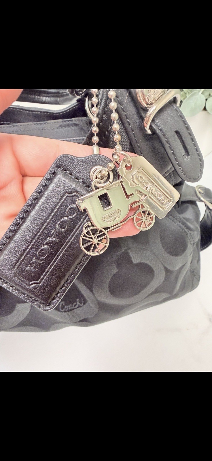 Coach Signature Logo Shoulder Bag Black/Gray Zip Purple Lining