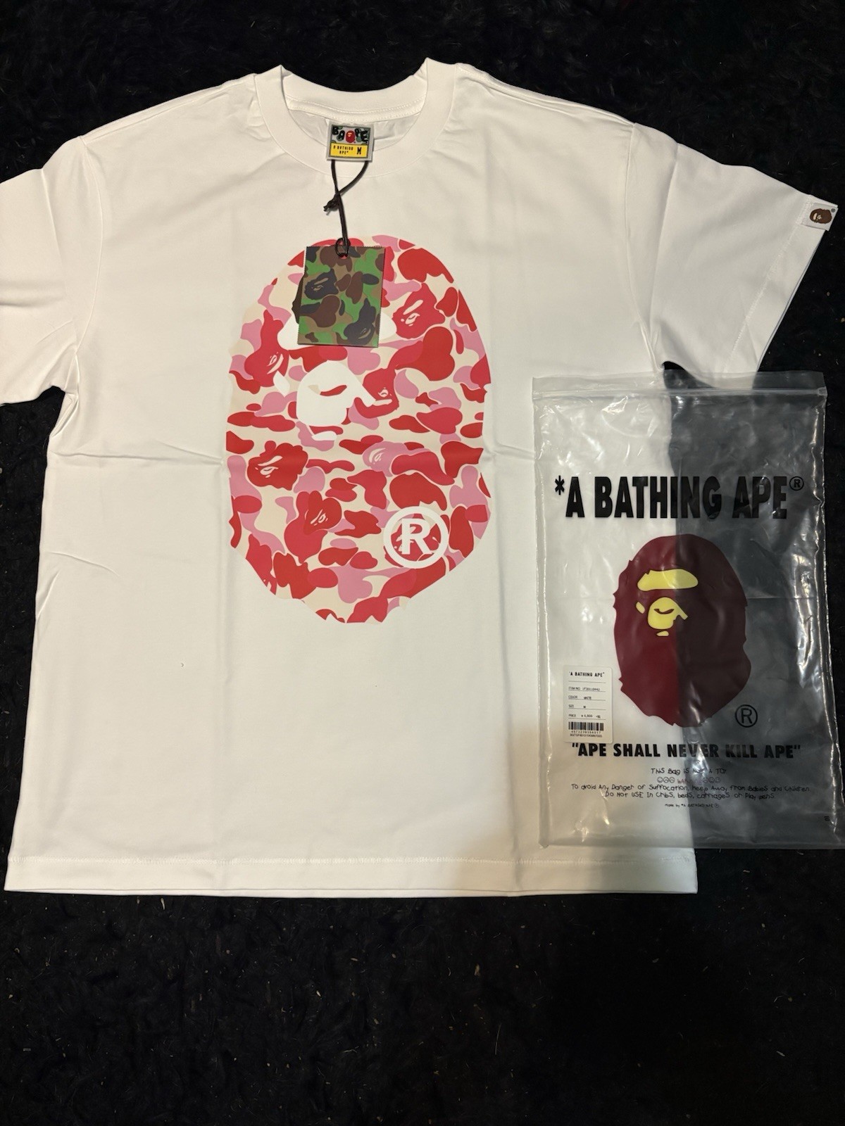 BAPE White Tee. Pink Camo Ape Head. New with tags/bag. Size L.
