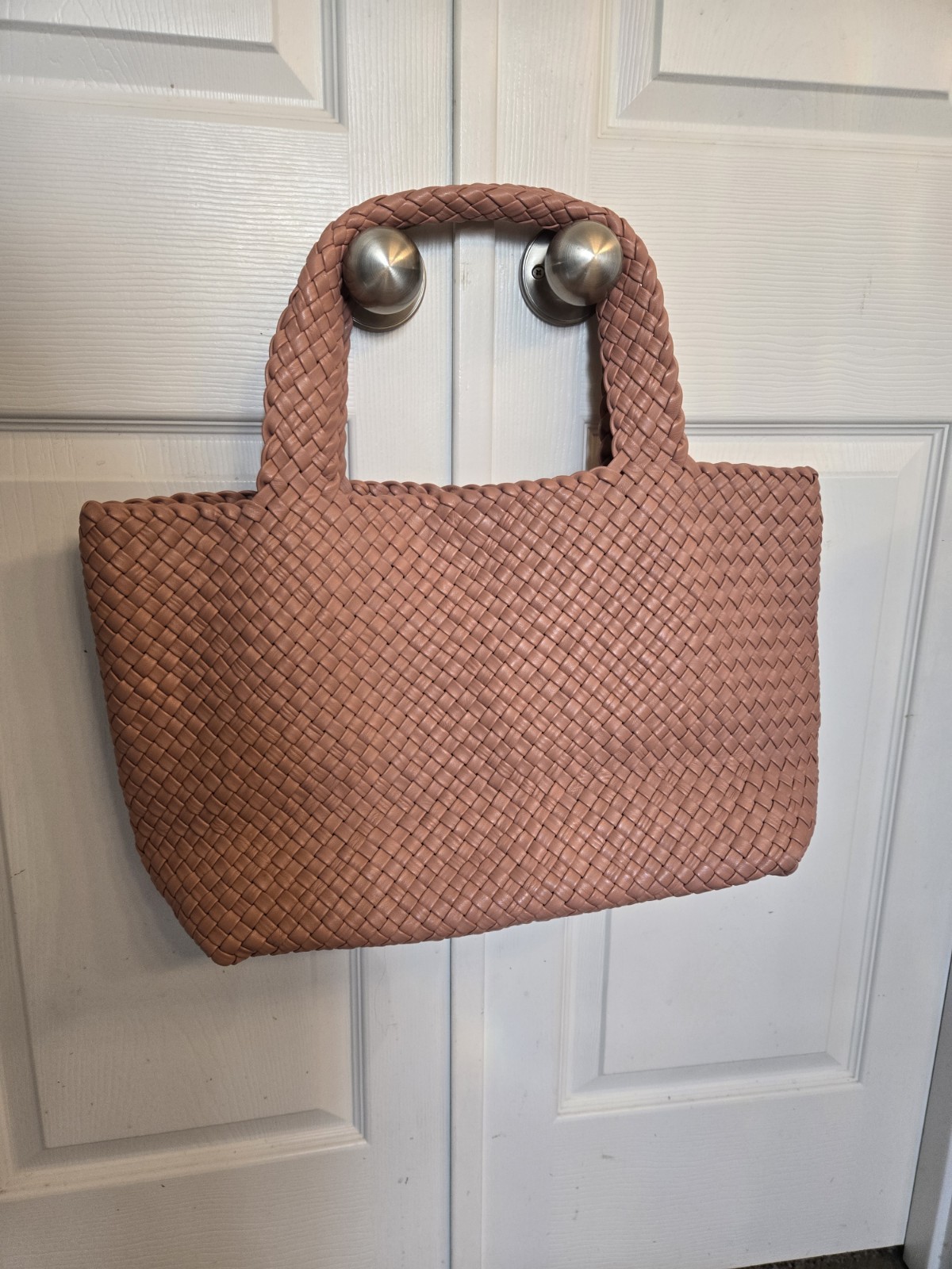 FALOR Firenze Italian Leather Pink Woven Tote Purse Shoulder Bag, Travel Pouch