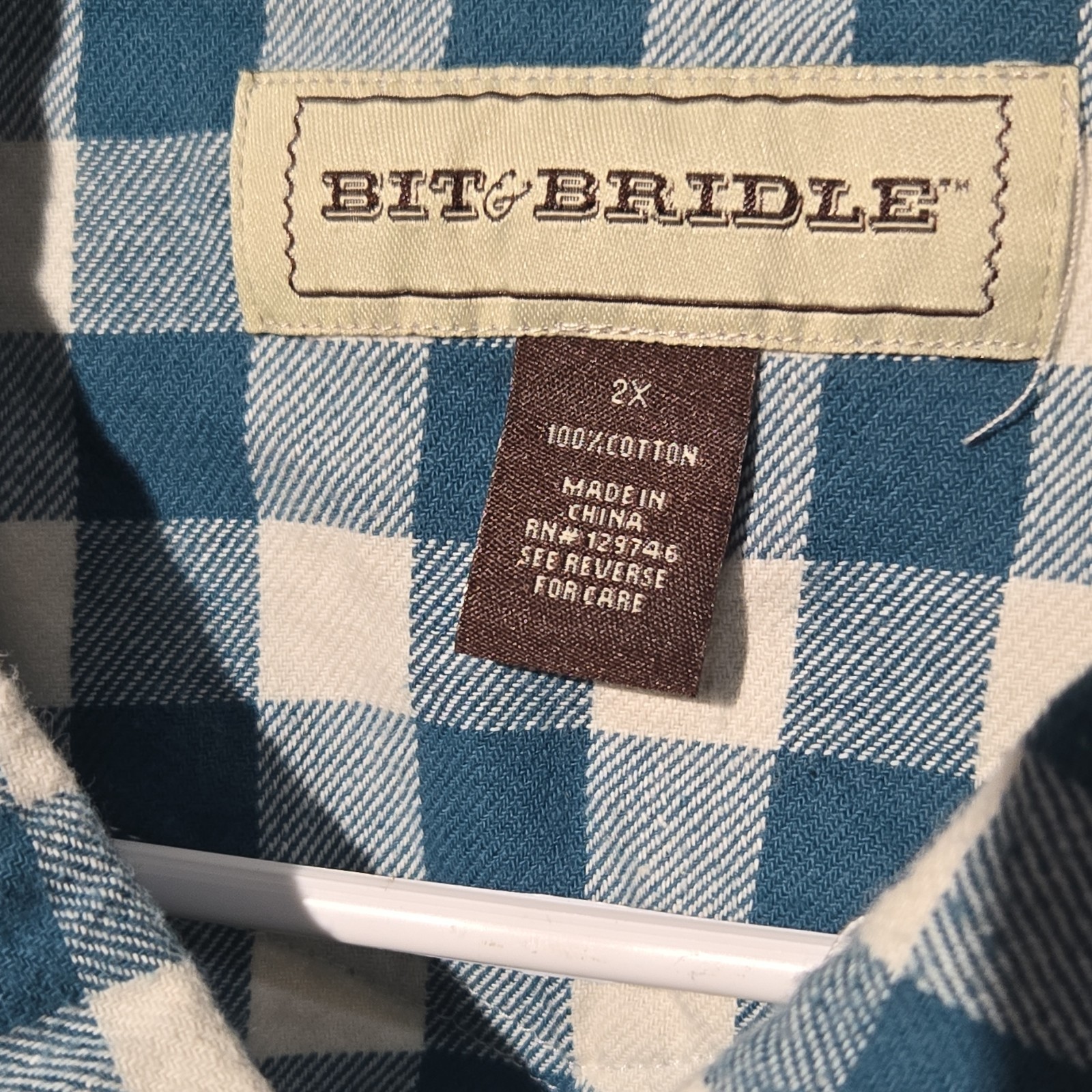 Bit & Bridle Men’s 2X Blue/White Check Button-Down Cotton Woven Pocket Shirt