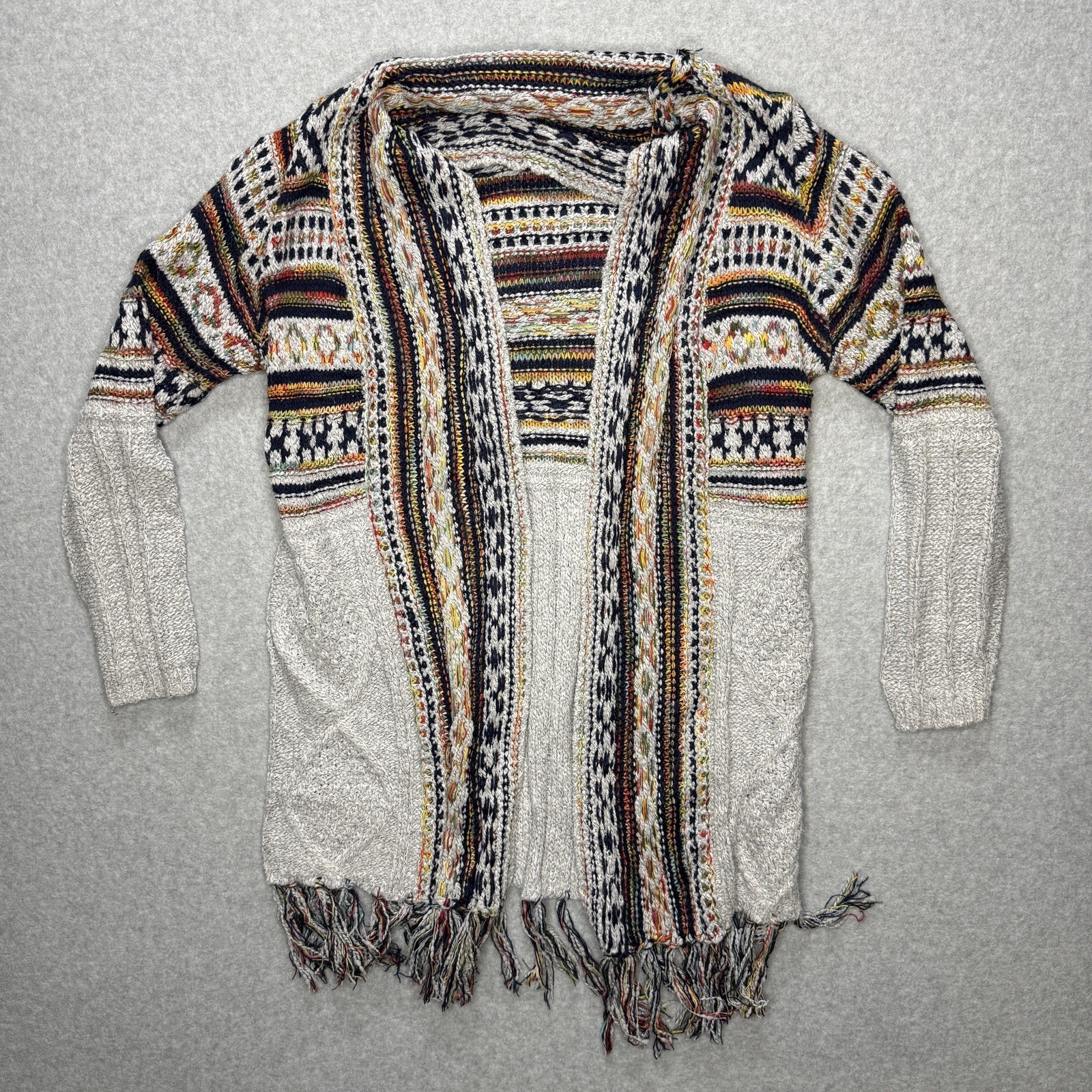 Angie Aztec Adora Long Open Cardigan Fringe Knit Sweater Women’s Size M