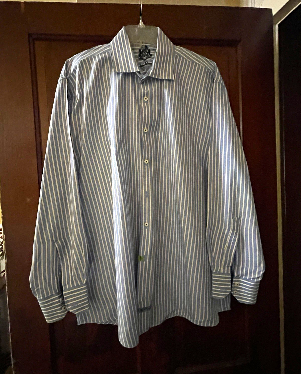 English Laundry Men’s Blue/White Striped Slim Non-Iron Dress Shirt 17 1/2 34/35