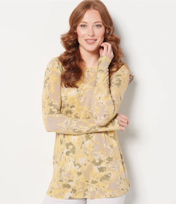 LOGO Lori Goldstein M Cobblestone Yellow Tie-Dye Long Sleeve Knit Tunic Top