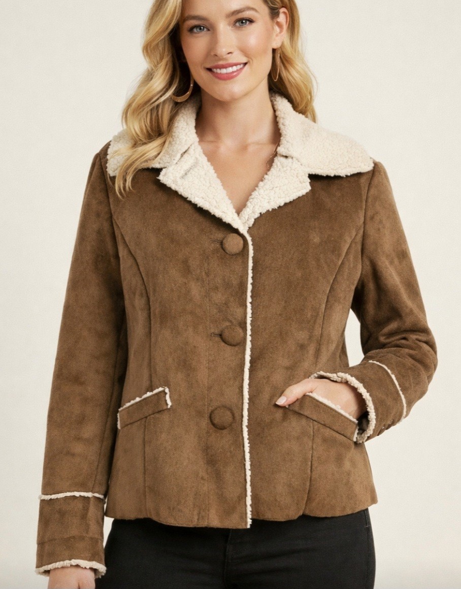 Chico’s Faux Suede Leather Cozy Sherpa Lined Brown Jacket Coat Size 1, M