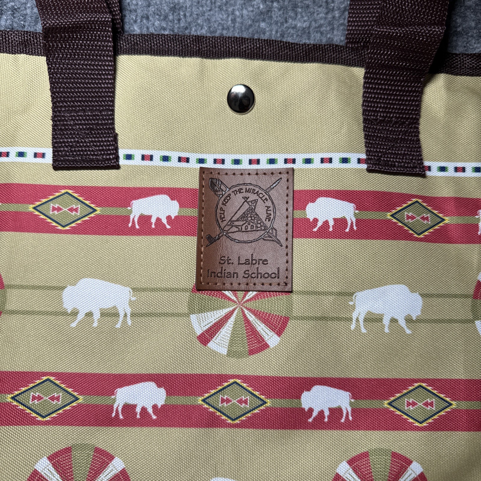 St Labre Indian School Aztec Bison Lunch Tote Bag Red Beige Native American