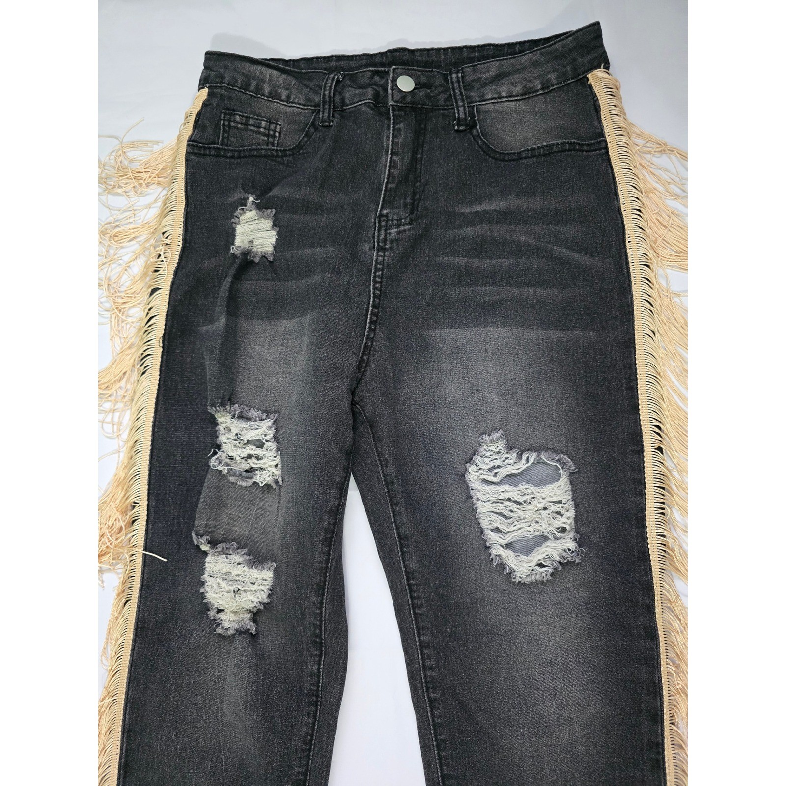 Shein Distressed Fringe Side Trim Jeans Black High Waisted Boho Ripped Denim M