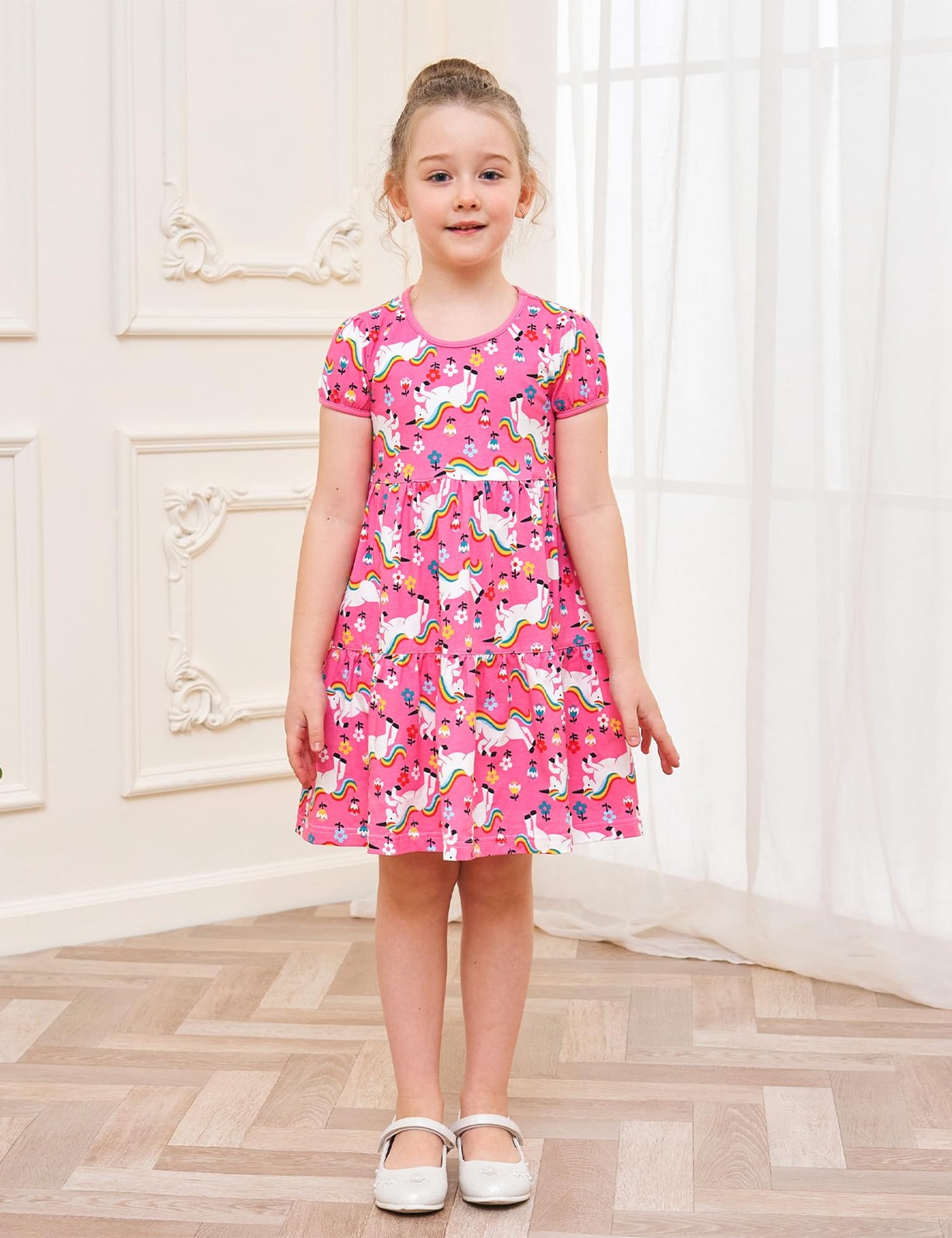 Little Girl Summer Dress Unicorn Easter Rainbow Short Sleeve Twirly Tiered