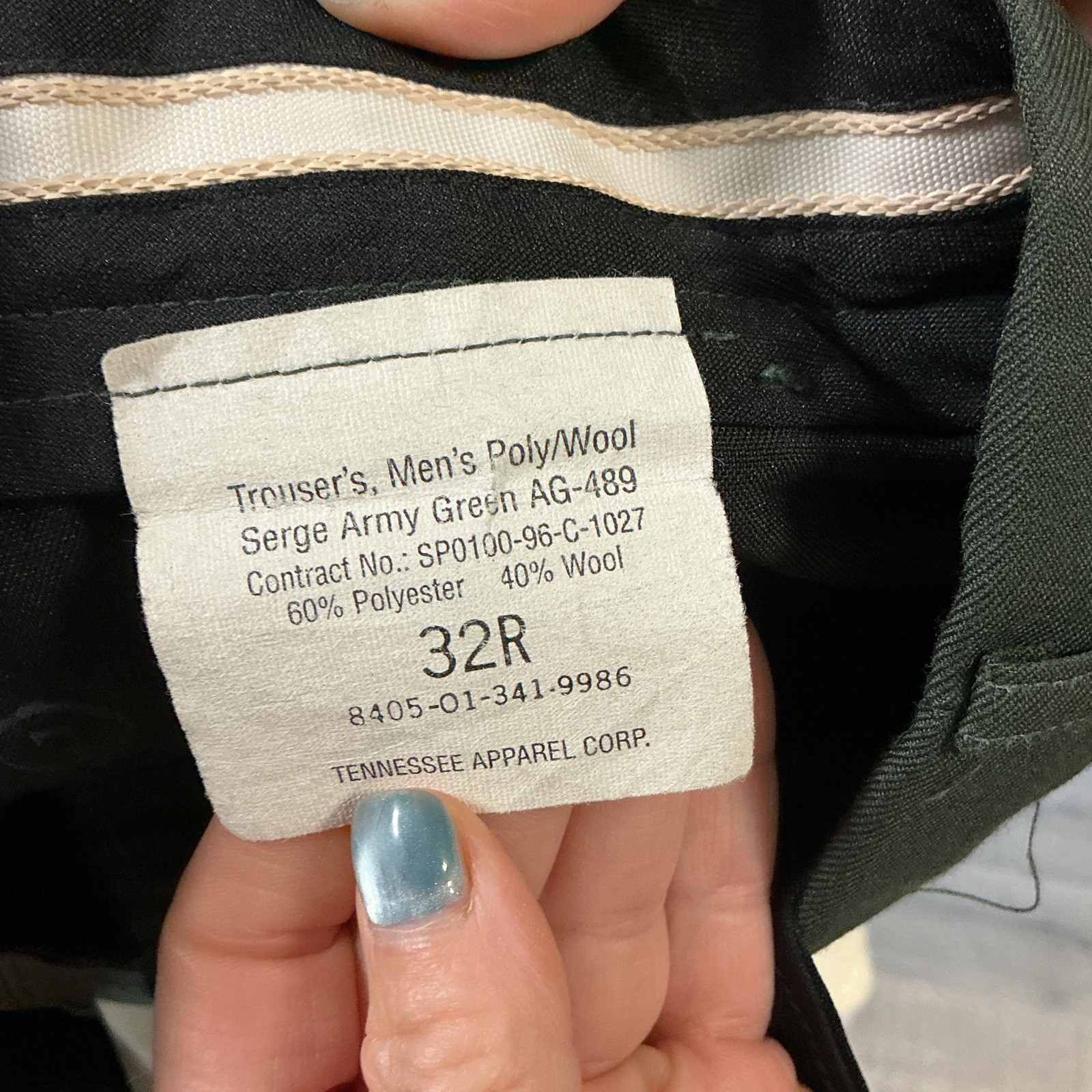 Tennessee Apparel Corp Poly/Wool Serge Army Green Dress Pants 32R Pockets