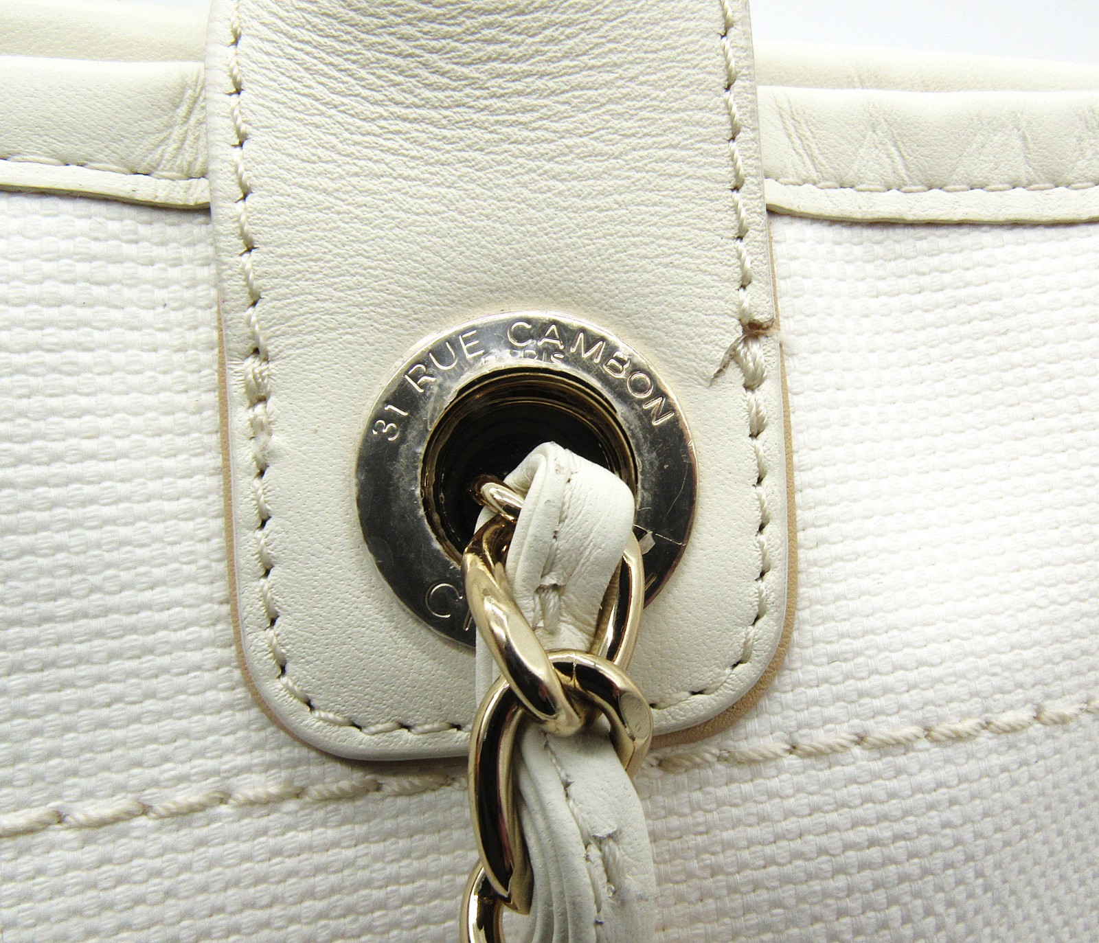 Chanel Medium Deauville Tote White Canvas Bag w/ Pouch Read
