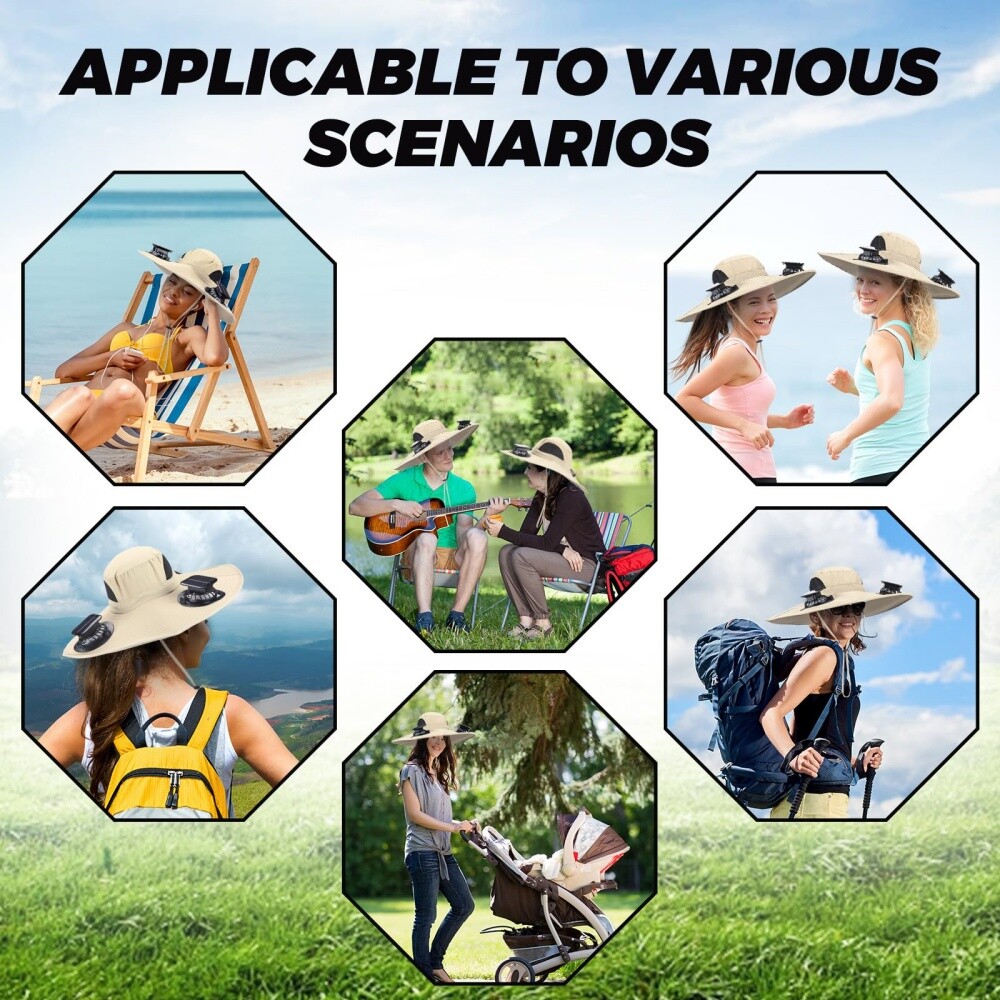 Wide Brim Sun Hat with Solar & USB Fan UPF50+ UV Protection for Fishing & Campin