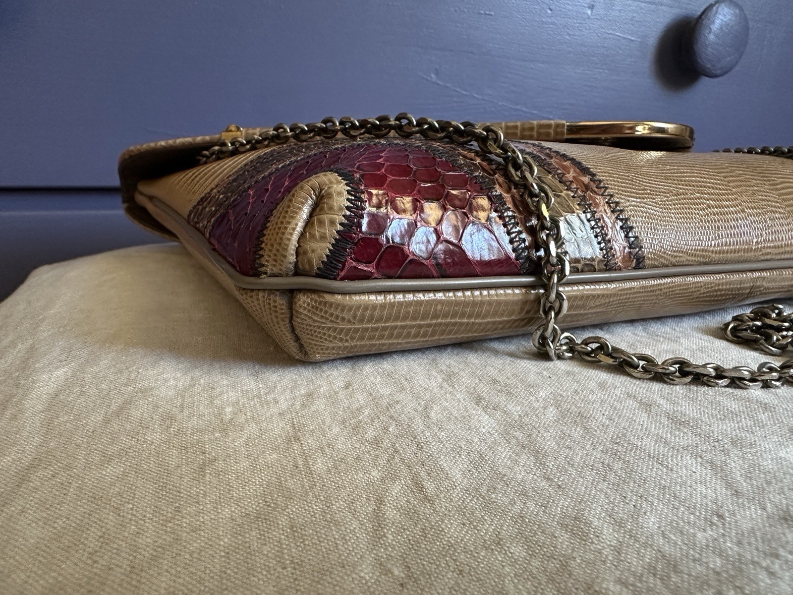 Vintage Original by Capice, snakeskin patchwork purse, chain strap, magnet close
