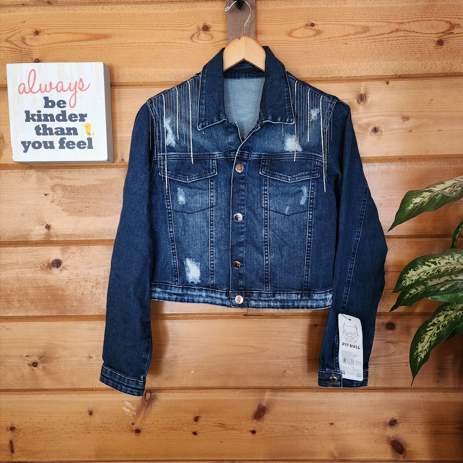 Pitbull Jeans NWT Denim Jacket Distressed Thibestone Fringe Eestern Cowgirl Sz M