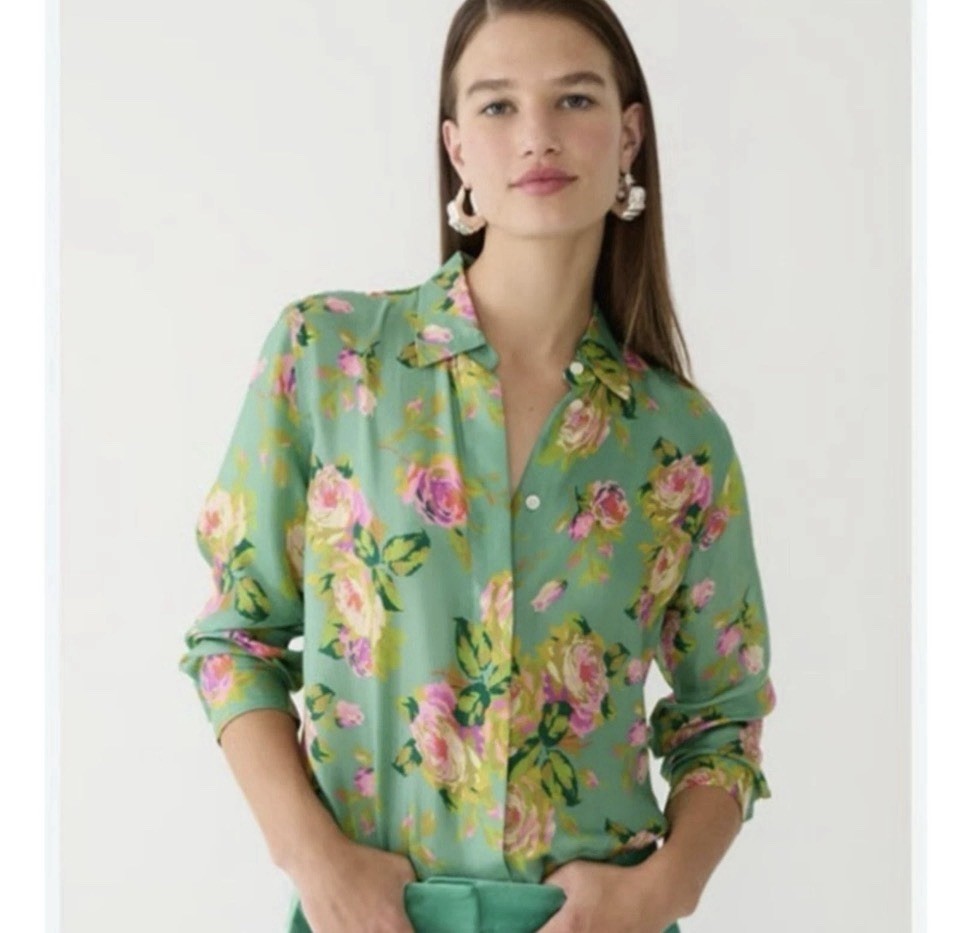 J Crew RoseGarden CuproBlend Shirt Long Sleeve Green Pink Floral BlouseO
