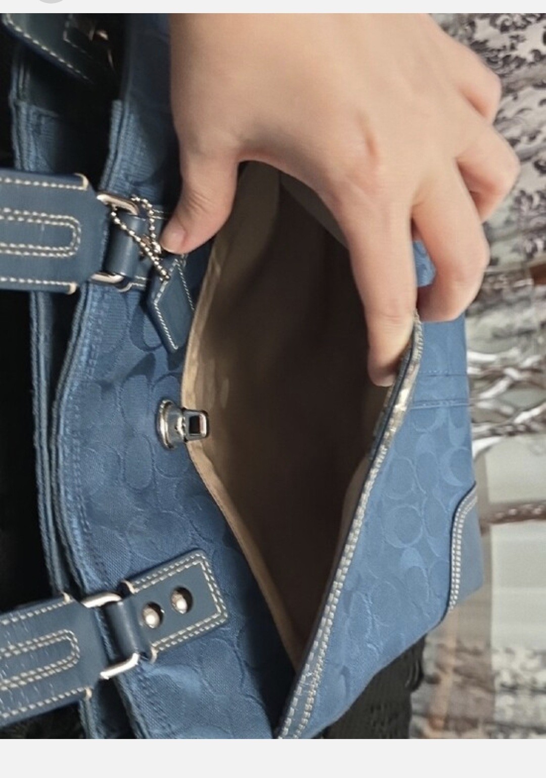 EUC Coach Blue Signature Tote Bag with Matching Wallet, Zip & Turn Lock, Pockets