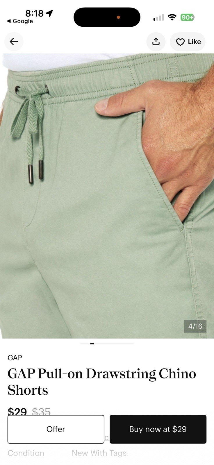 GAP Men’s Pull-On Chino Shorts Elastic Waist Stretch Cotton Mint Green Size XXL