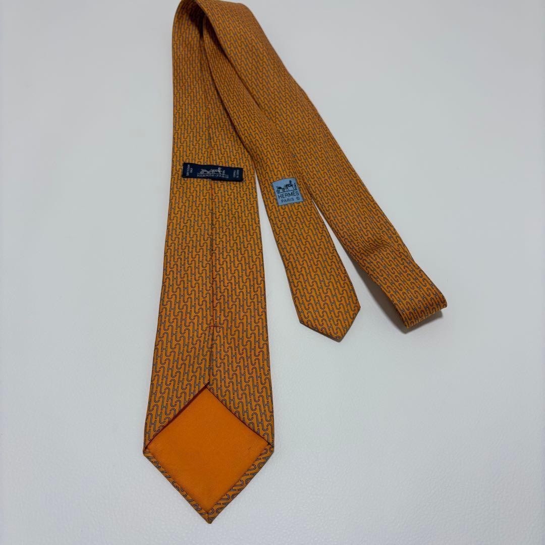 HERMES Tie H Pattern Orange Silk Made in France 8cm