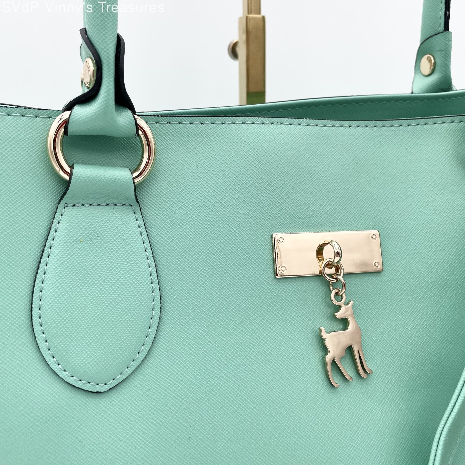 Pelle Borsa 100% Vegan Leather Teal Large Top Handle Tote Purse Gold Deer Charm