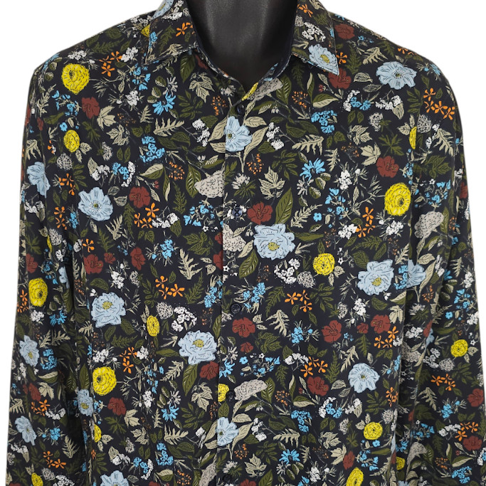 Floral Casual Shirt Mens Size Medium Black Slim Fit All Over Print Button Down