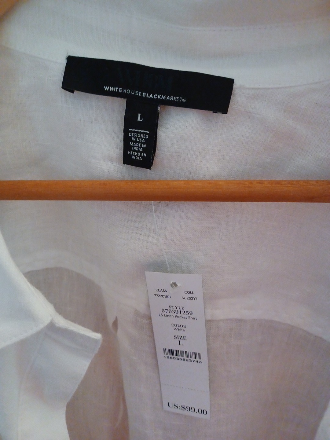 White House Black Market Button Down Linen Pocket Shirt, size Large, NWT!
