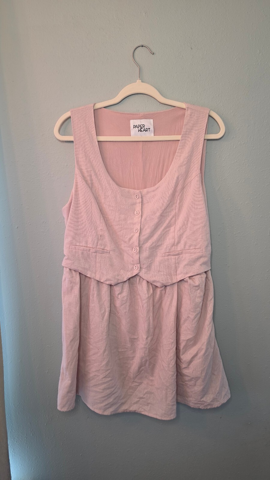 Paper Heart Pink Button Front Sleeveless Mini Dress Tie Back Linen Blend XL