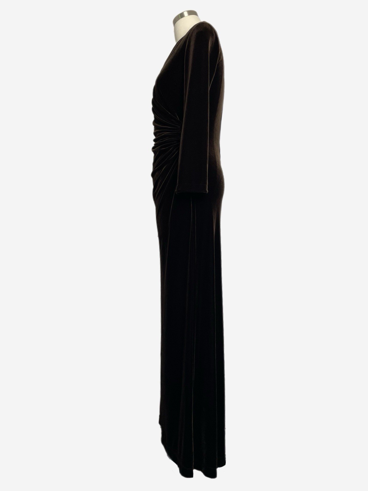 Vintage 90s Cache Brown velvet ruched wrap maxi gown old Hollywood soft goth XS