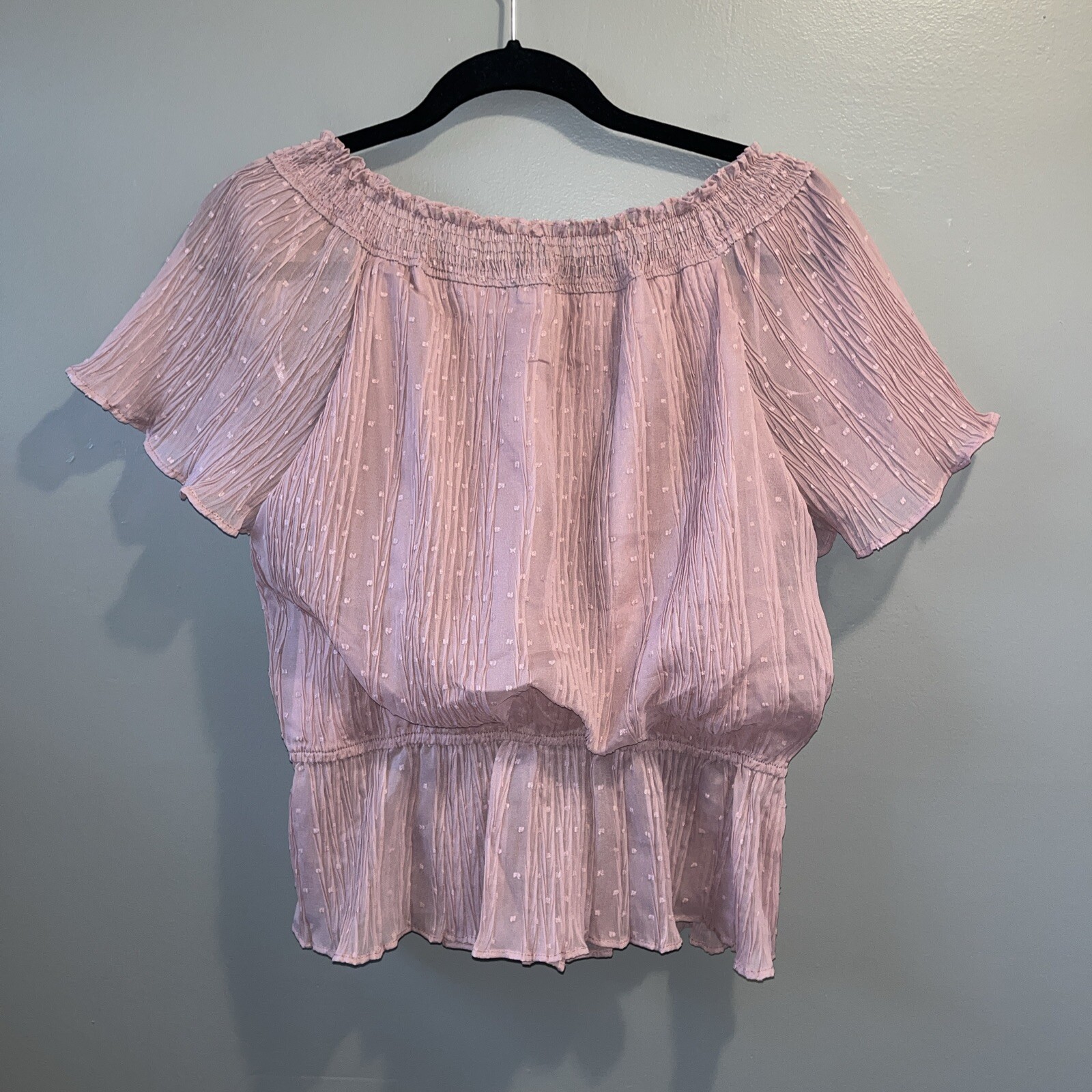 Mine Off The Shoulder Flutter Top Womens L Pink Sheer Swiss Dot