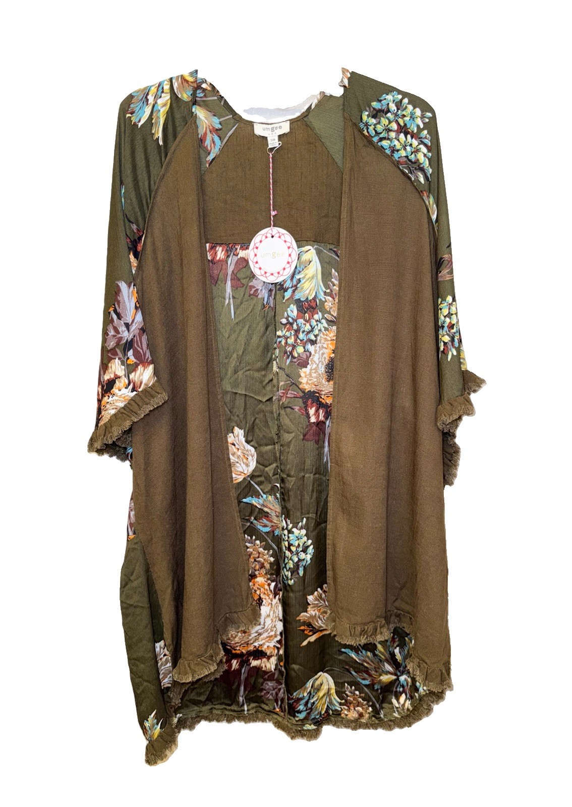 NWT Umgee SM/MD Green Linen Floral Kimono Drape Lightweight Cardigan Open Front