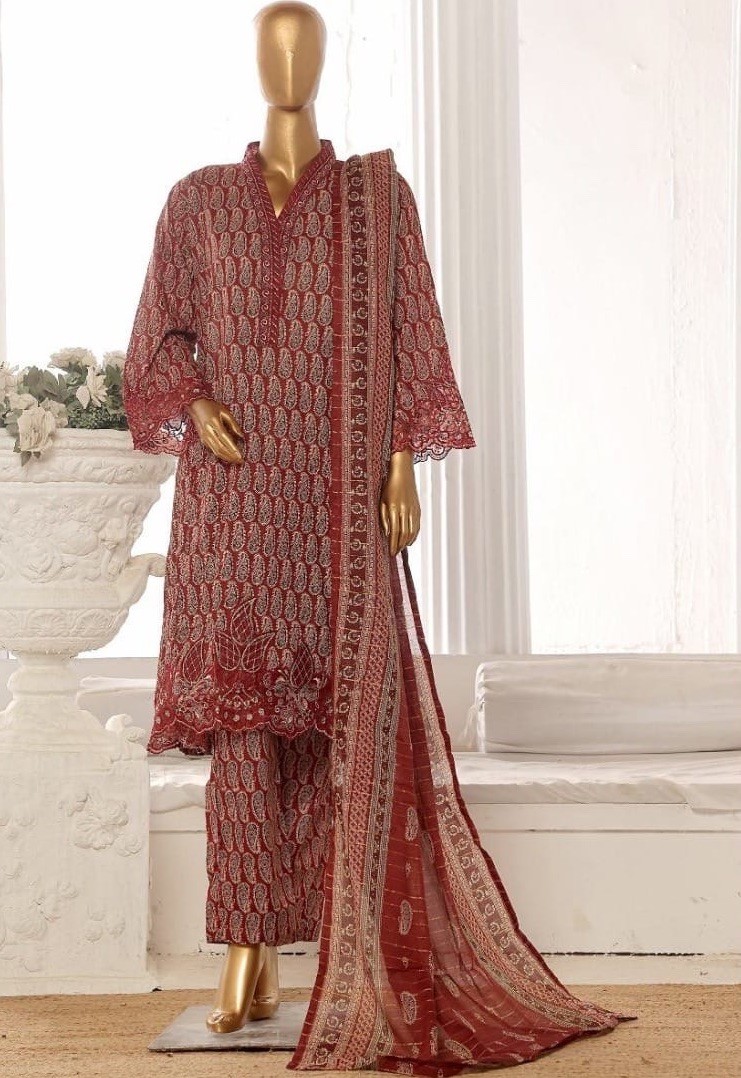 Bin Saeed Premium Lawn Cotton 3 Pc Suit-Cut Work Emb- Aline Style-M & L – $42