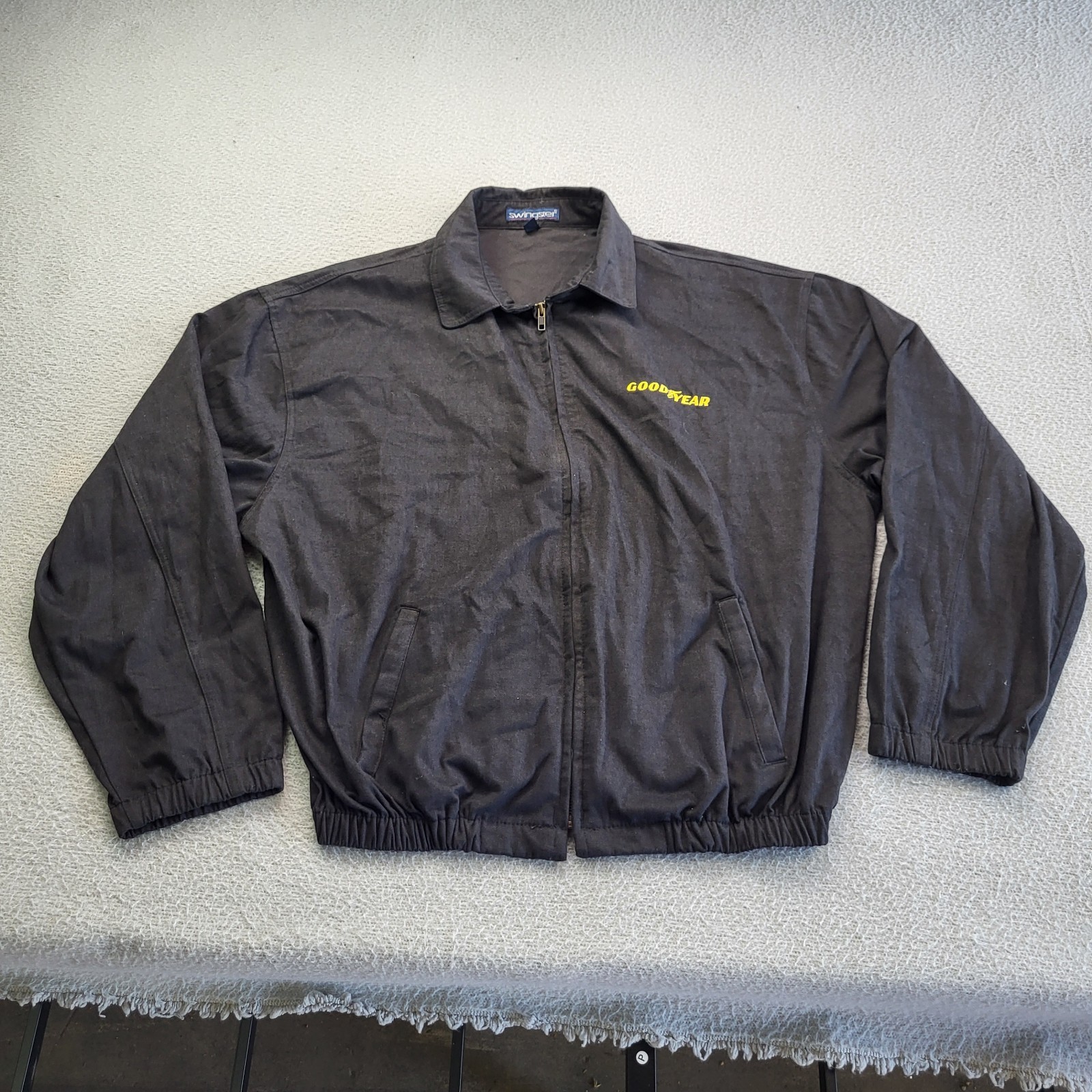 Swingster Goodyear Jacket Mens XL VTG Black Windbreaker Logo Full Zip