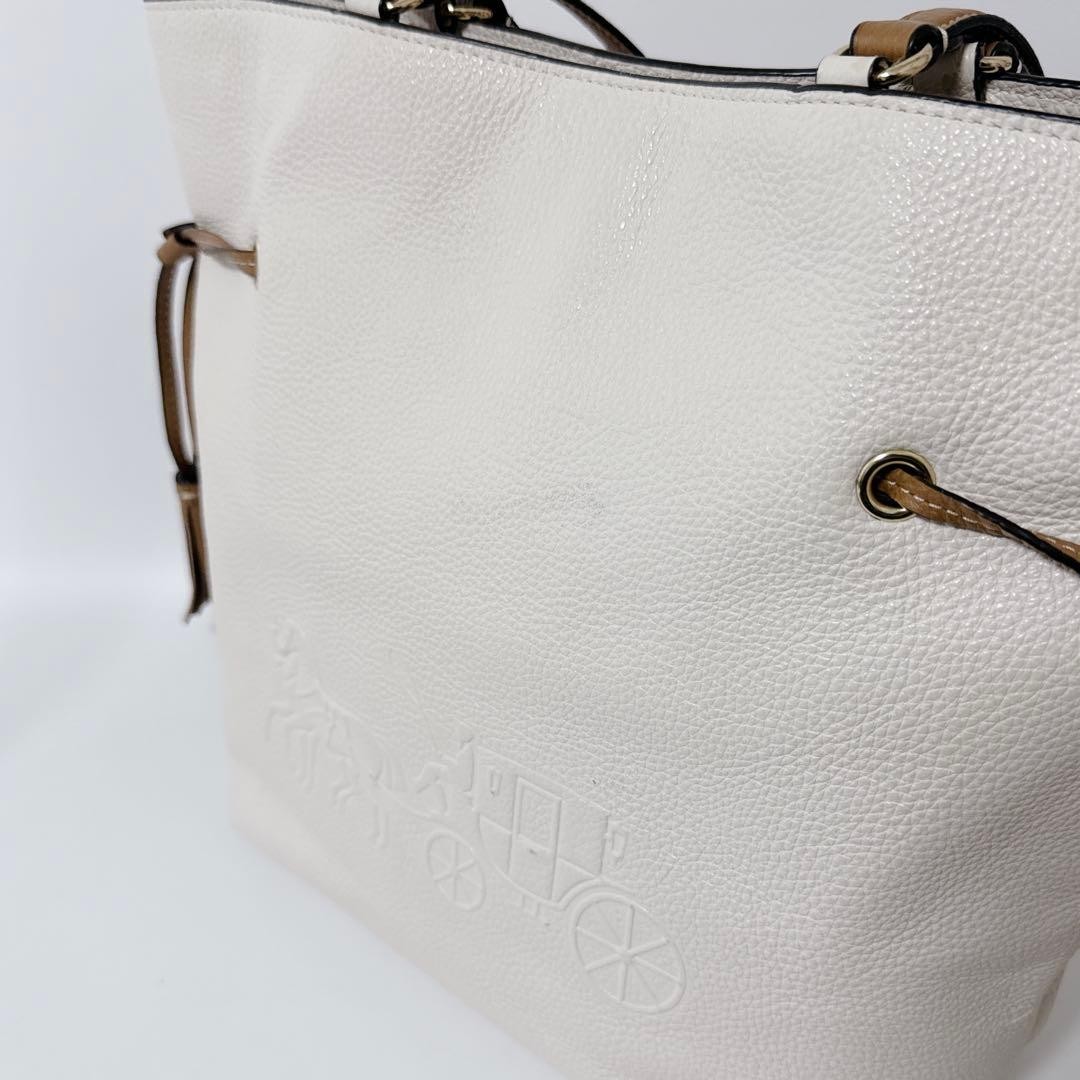 COACH Andy CA165 White Leather Tote Shoulder Bag Carriage Logo Tassel Auth