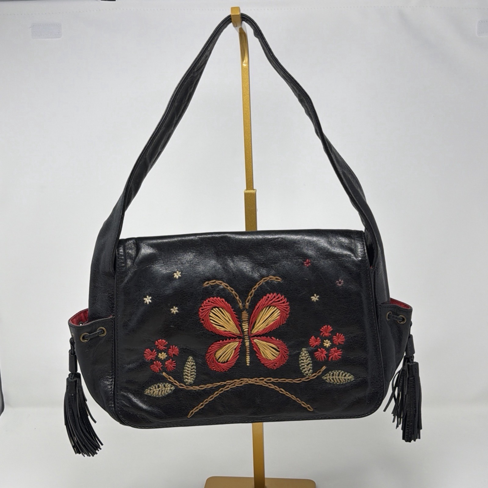 FRANCESCO BIASIA Vintage Black Leather Butterfly Embroidered Tassel Boho Bag